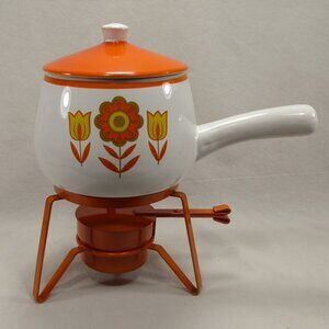 SOLD - 70s Retro Orange Floral Ceramic Fondue Pot Set Stand Burner MCM Boho